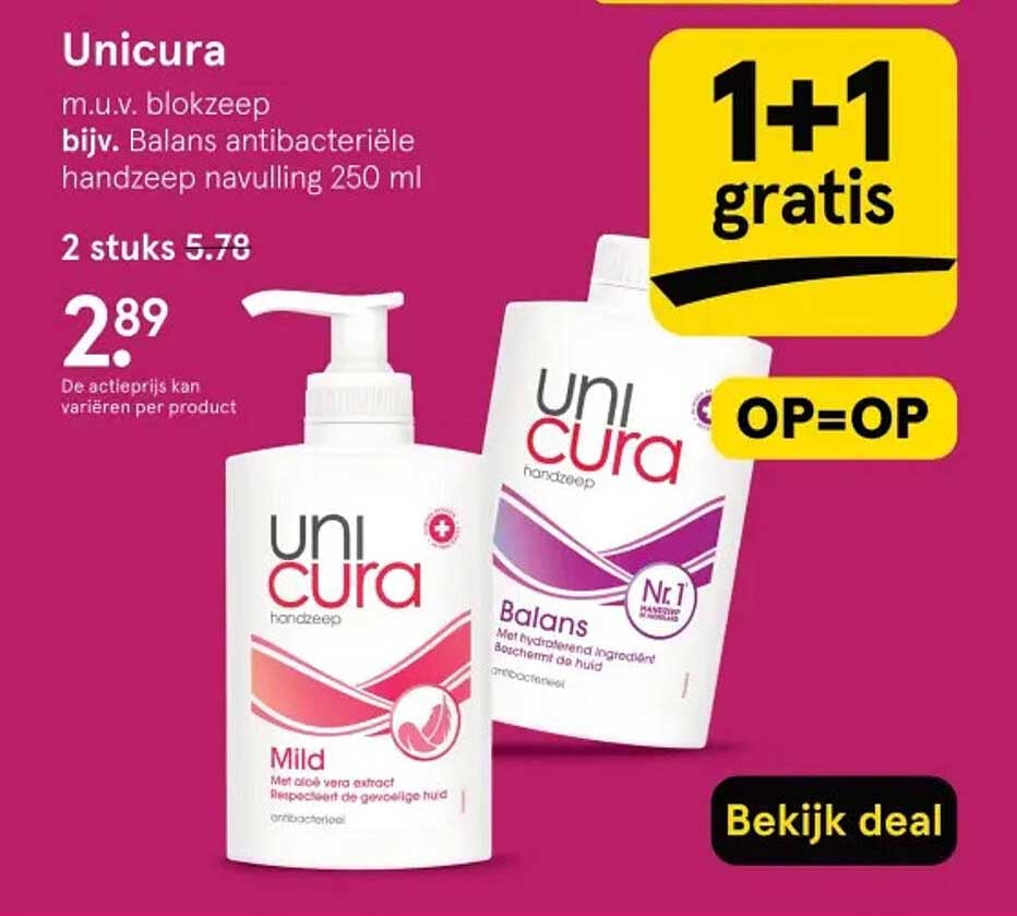 Unicura handzeep, 1+1 gratis