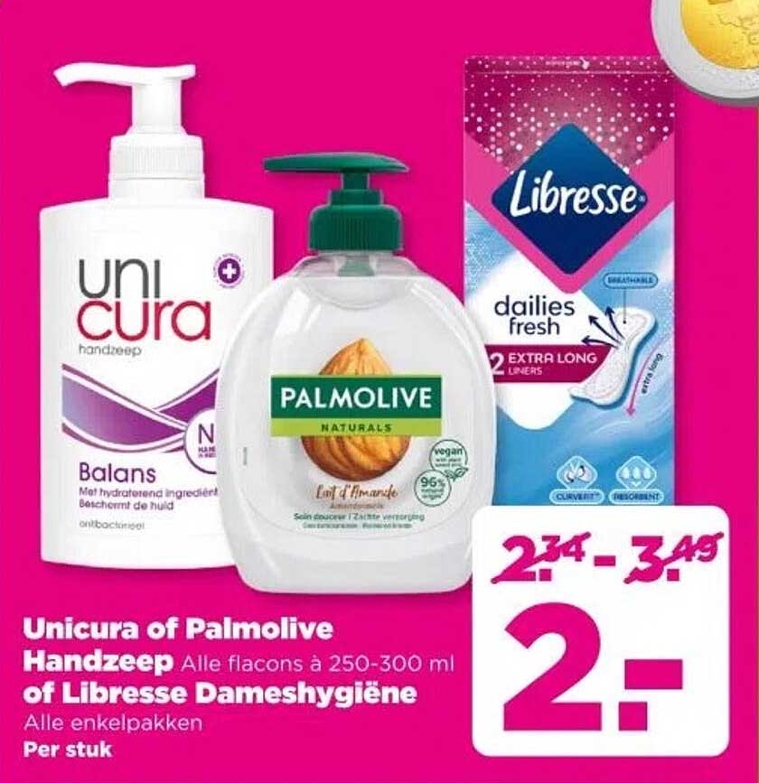 Unicura of Palmolive Handzeep Alle flacons à 250-300 ml of Libresse Dameshygiëne Alle enkelpakken