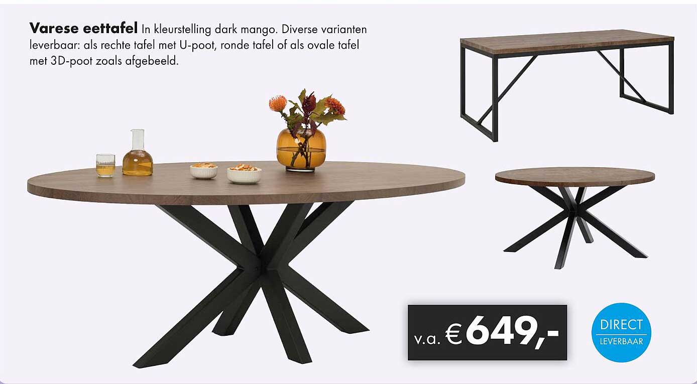 Varese eettafel In kleurstelling dark mango. Diverse varianten leverbaar: als rechte tafel met U-poot, ronde tafel of als ovale tafel met 3D-poot zoals afgebeeld.