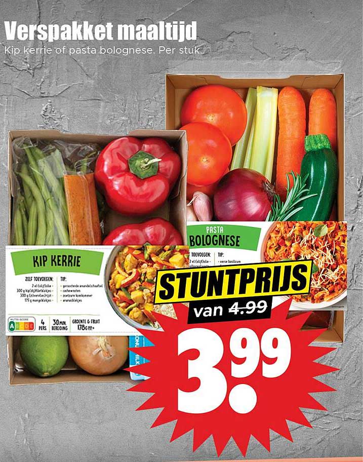 Verspakket maaltijd Kip kerrie of pasta bolognese. Per stuk.
