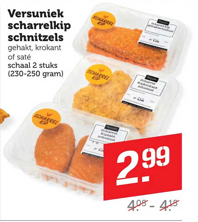 Versunieker scharrelkip schnitzels gehakt, krokant of saté schaal 2 stuks (230-250 gram)