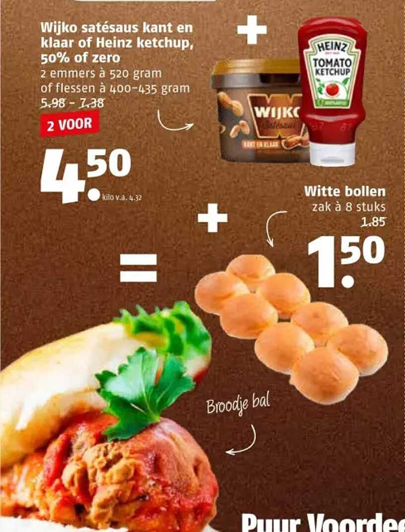 Wijko satésaus kant en klaar of Heinz ketchup, 50% of zero