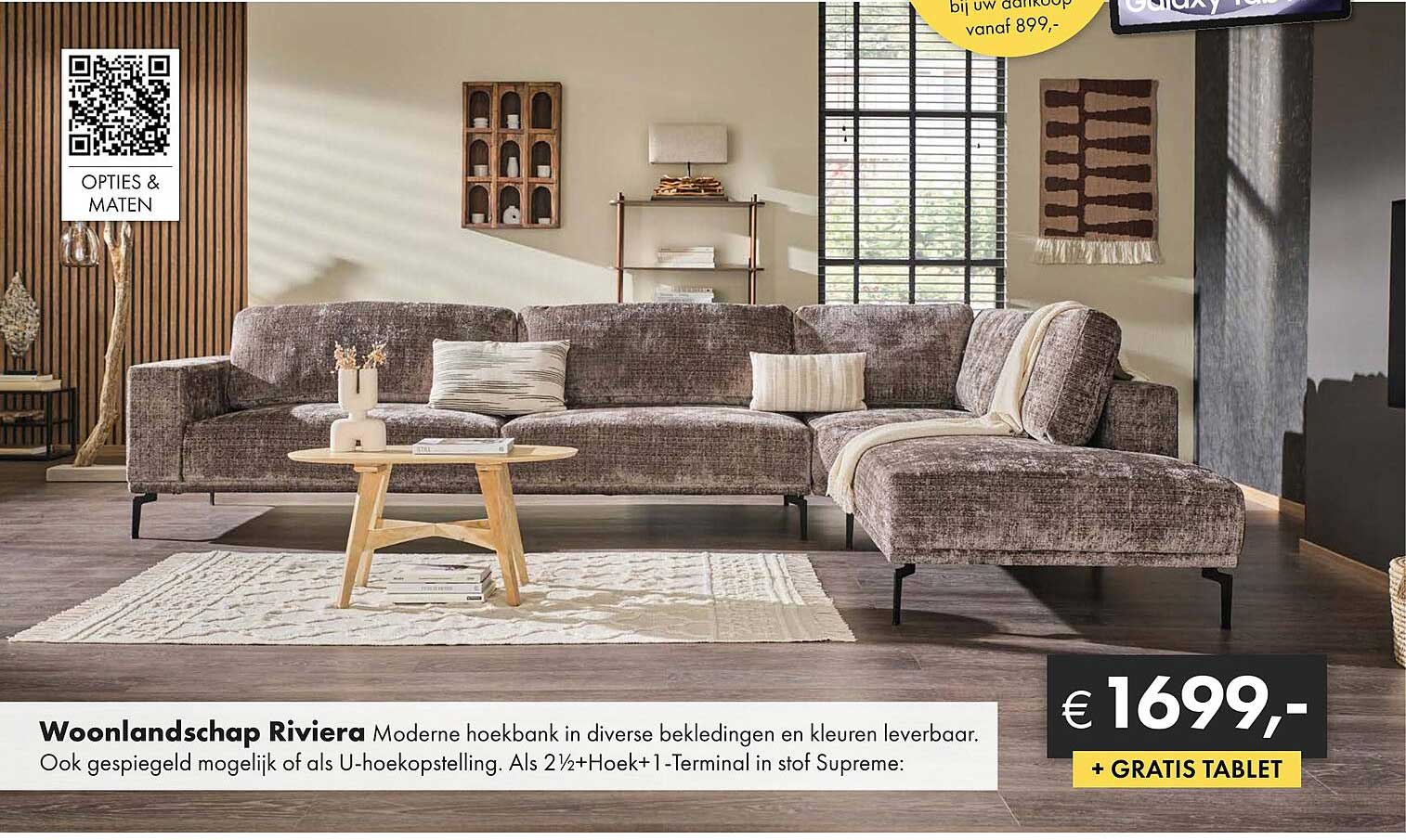 Woonlandschap Riviera Moderne hoekkbank in diverse bekledingen en kleuren leverbaar.