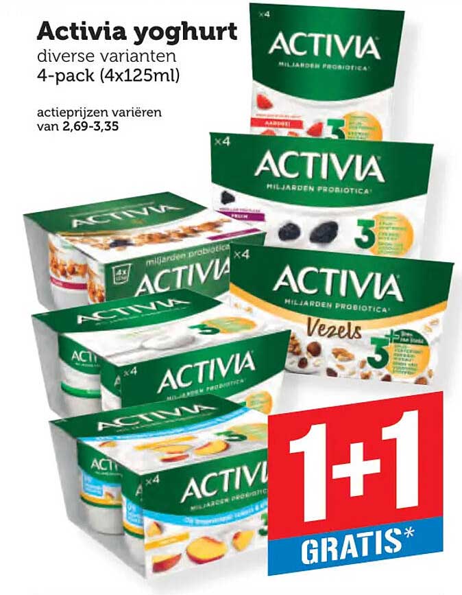 Activia yoghurt diverse varianten 4-pack (4x125ml) 1+1 gratis