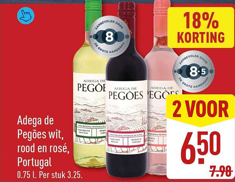 Adega de Pegões wit, rood en rosé, Portugal 0.75 l. Per stuk 3.25. 18% KORTING 2 VOOR 6.50