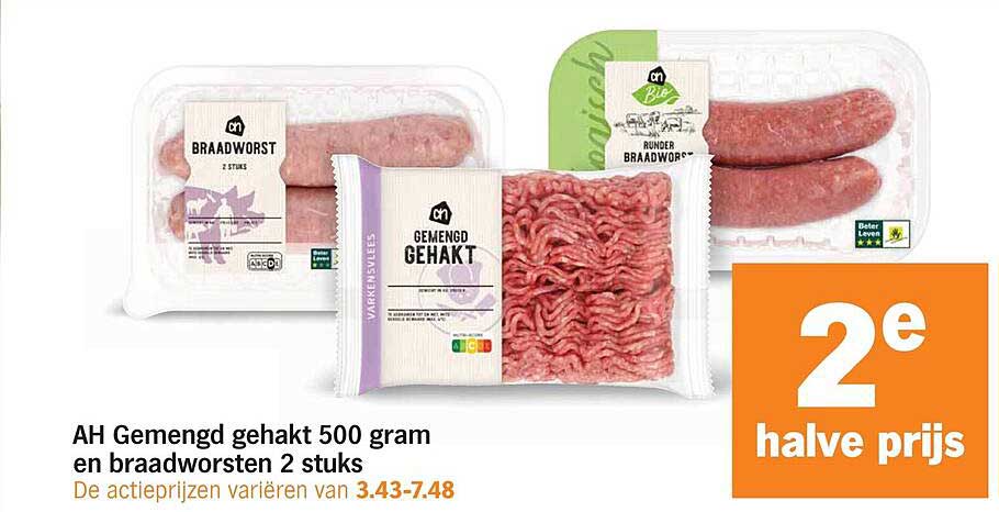 AH Gemengd gehakt 500 gram en braadworsten 2 stuks 2e halve prijs