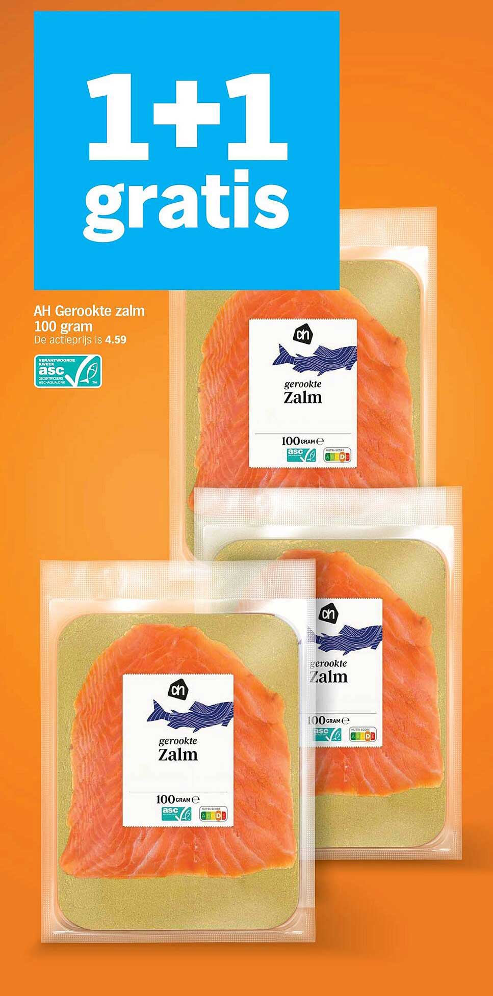AH Gerookte zalm 100 gram 1+1 gratis