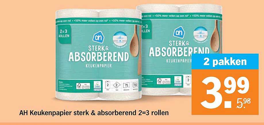 AH Keukenpapier sterk & absorberend 2=3 rollen