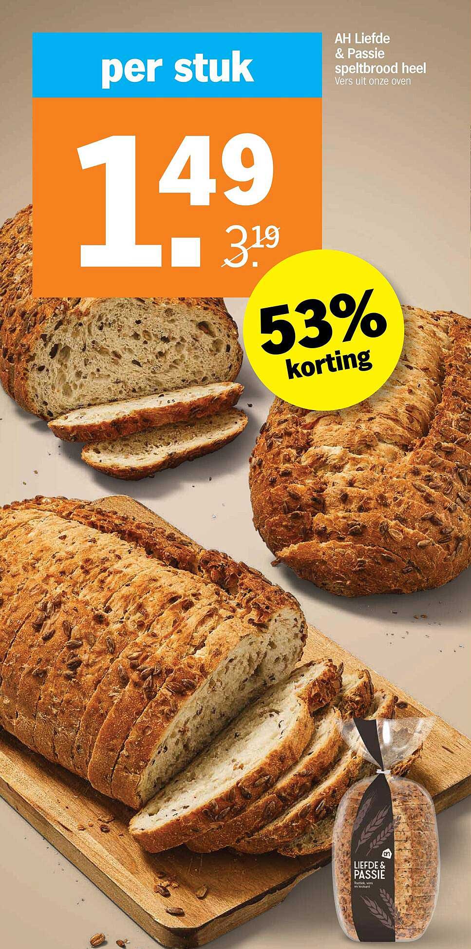 AH Liefde & Passie speltbrood heel per stuk 53% korting