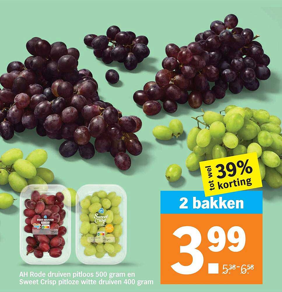 AH Rode druiven pitloos 500 gram en Sweet Crisp pitloze witte druiven 400 gram
