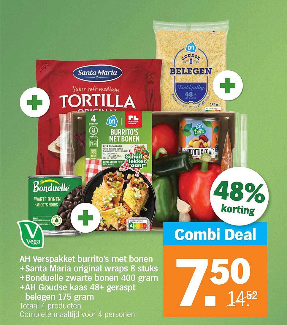 AH Verspakket burrito's met bonen + Santa Maria original wraps 8 stuks + Bonduelle zwarte bonen 400 gram + AH Goudse kaas 48+ geraspt belegen 175 gram Combi Deal