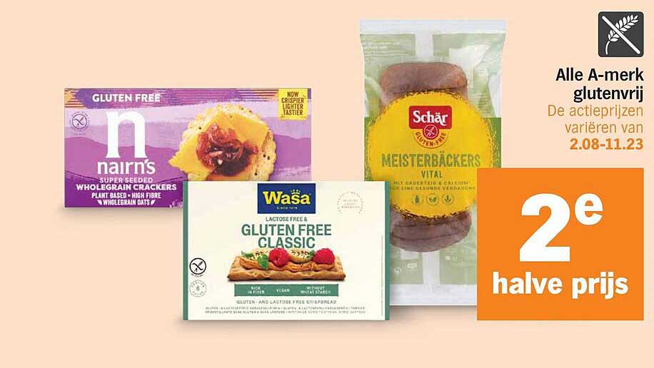 Alle A-merk glutenvrij 2e halve prijs