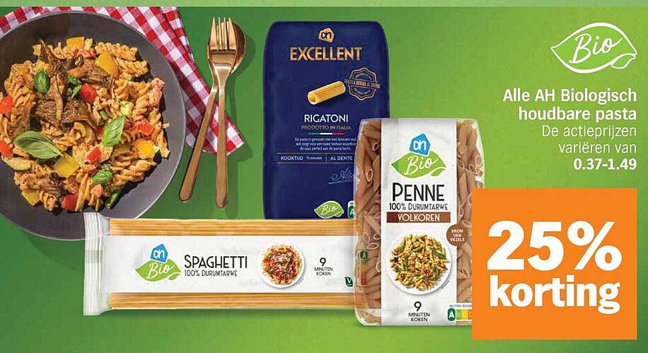 Alle AH Biologisch houdbare pasta 25% korting