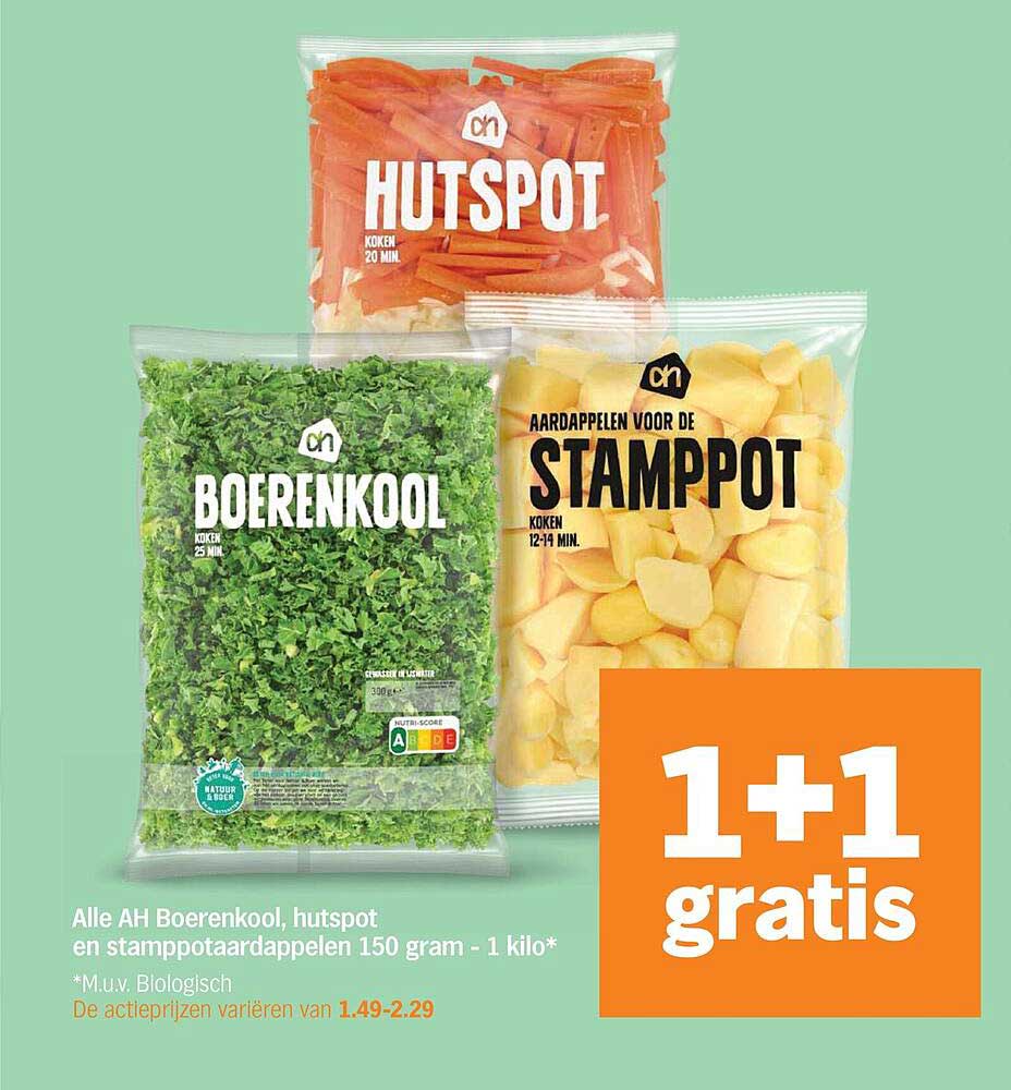 Alle AH Boerenkool, hutspot en stamppotaardappelen 150 gram - 1 kilo* 1+1 gratis