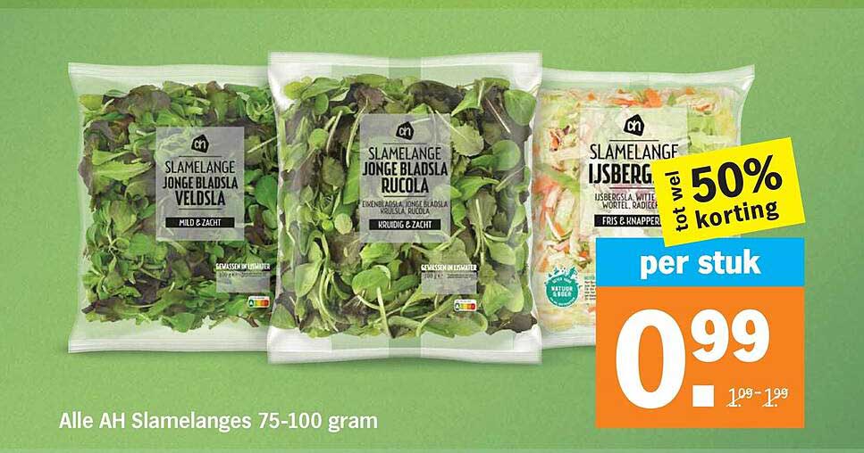 Alle AH Slamelanges 75-100 gram tot wel 50% korting per stuk