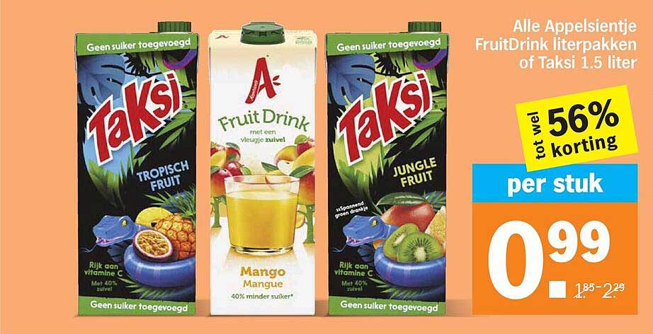 Alle Appelsientje FruitDrink literpakken of Taksi 1.5 liter tot wel 56% korting