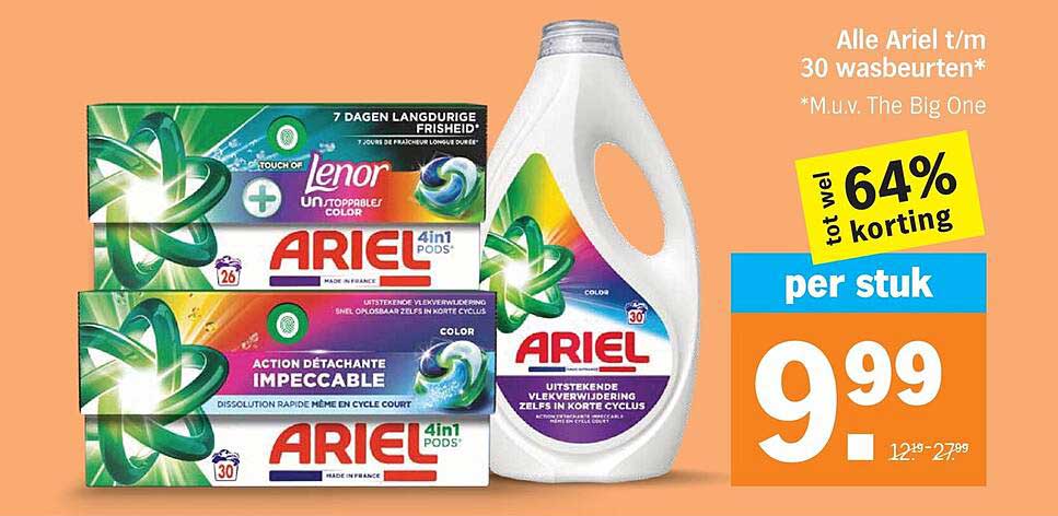 Alle Ariel t/m 30 wasbeurten* *M.u.v. The Big One tot wel 64% korting per stuk