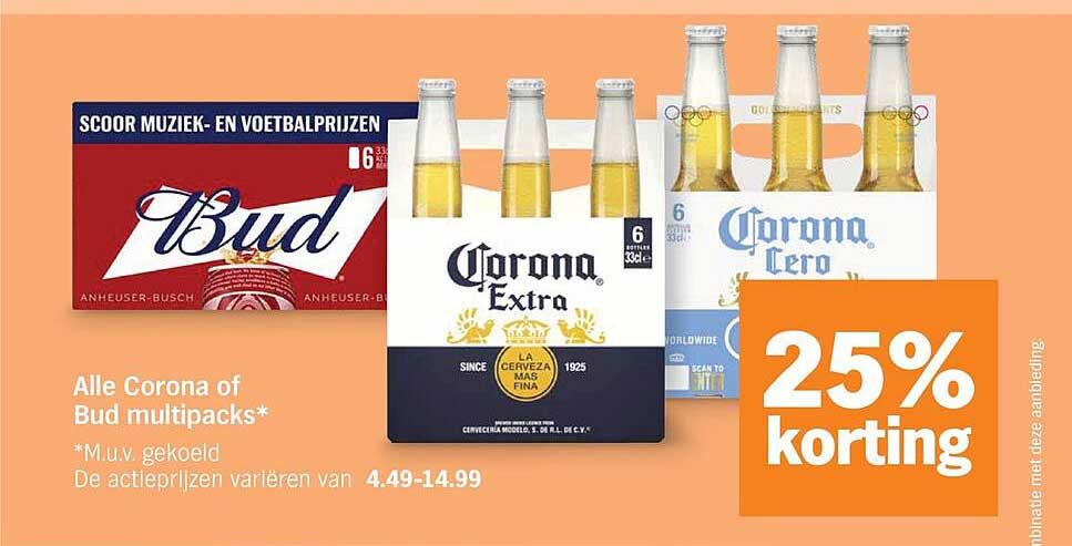Alle Corona of Bud multipacks* 25% korting
