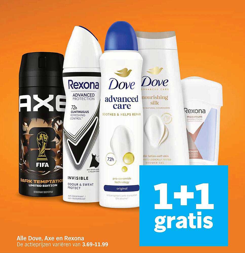 Alle Dove, Axe en Rexona 1+1 gratis