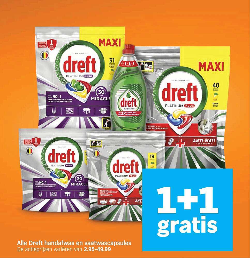 Alle Dreft handafwas en vaatwascapsules 1+1 gratis