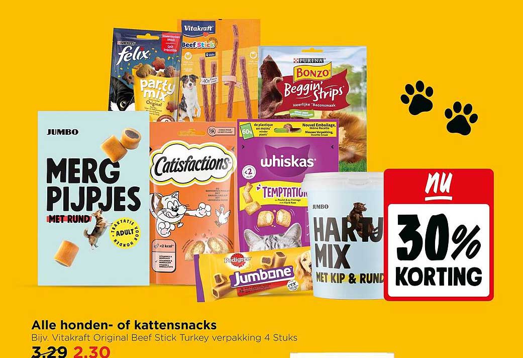 Alle honden- of kattensnacks 30% korting