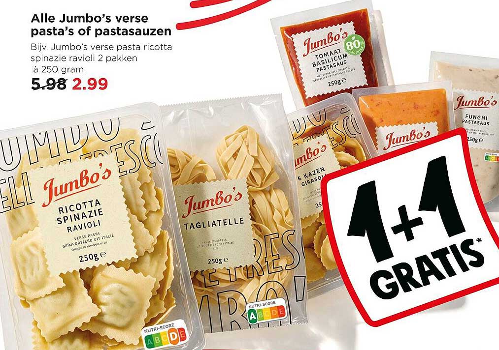 Alle Jumbo’s verse pasta’s of pastasauzen 1+1 gratis