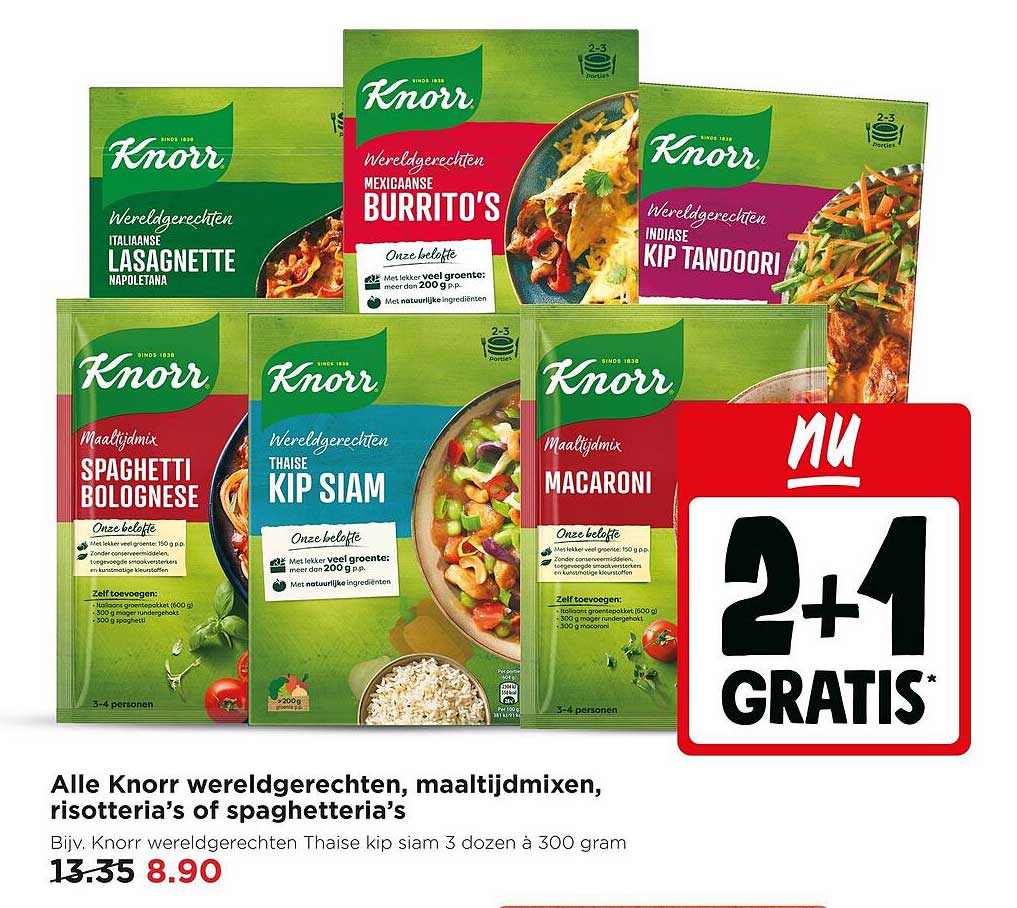 Alle Knorr wereldgerechten, maaltijdmixen, risotteria's of spaghetteria's 2+1 gratis