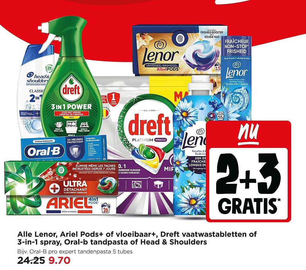 Alle Lenor, Ariel Pods+ of vloeibaar+, Dreft vaatwastabletten of 3-in-1 spray, Oral-b tandpasta of Head & Shoulders 2+3 gratis