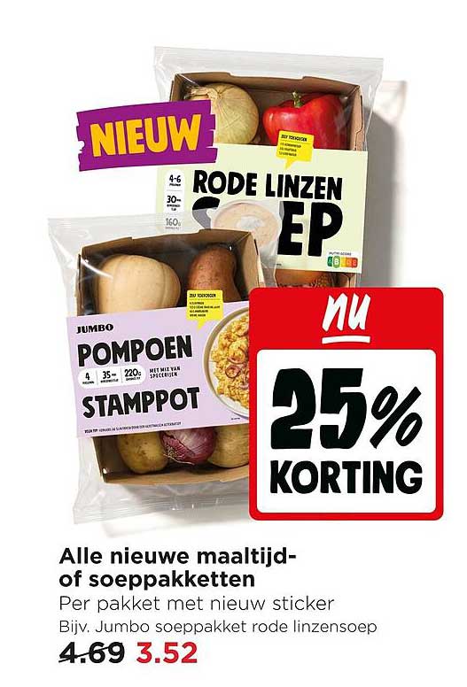 Alle nieuwe maaltijd- of soeppakketten 25% korting