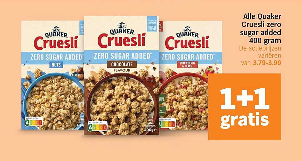 Alle Quaker Cruesli zero sugar added 400 gram 1+1 gratis