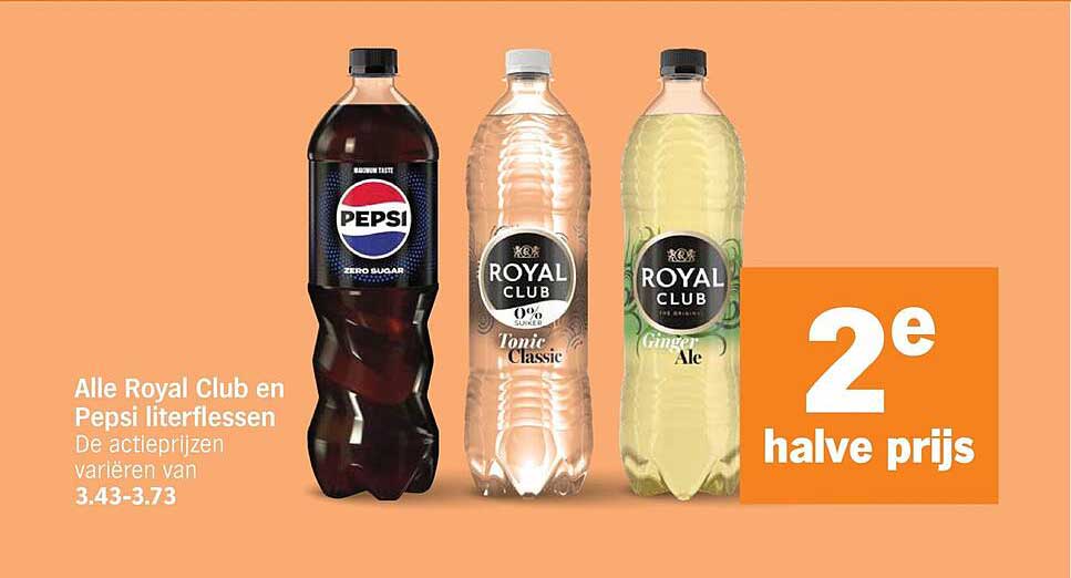 Alle Royal Club en Pepsi literflessen 2e halve prijs