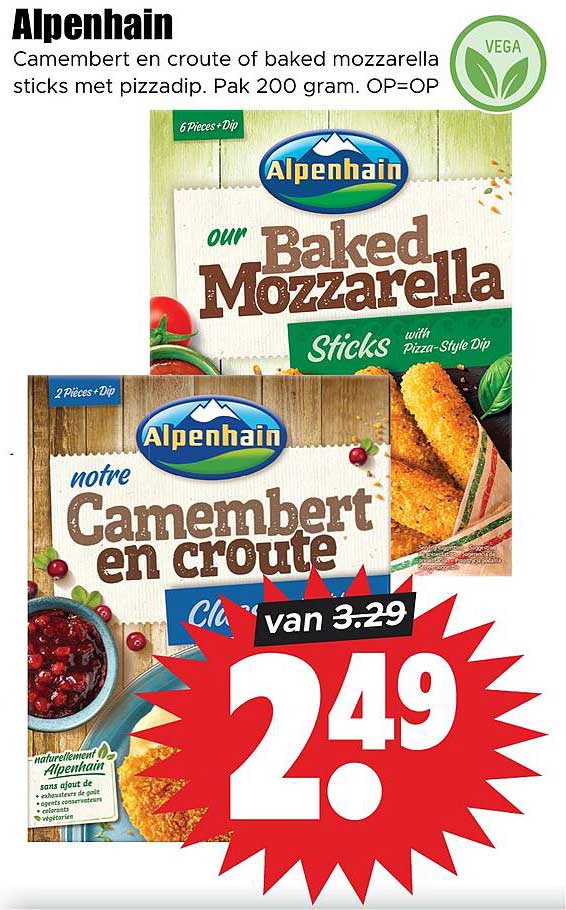 Alpenhain Camembert en croûte of baked mozzarella sticks met pizzadip. Pak 200 gram. OP=OP
