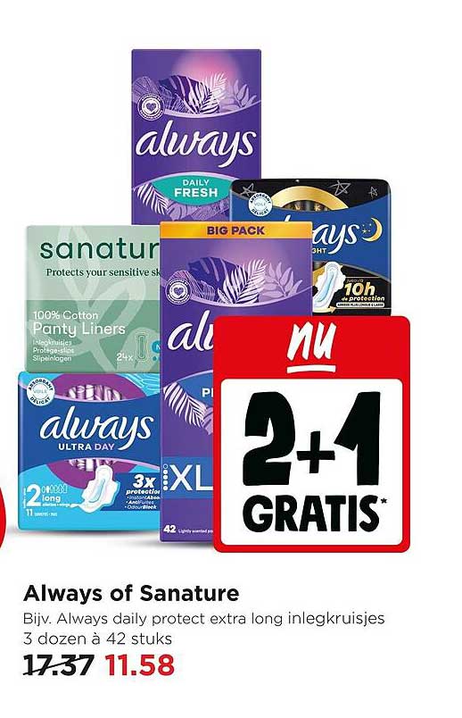 Always of Sanature Bijv. Always daily protect extra long inlegkruisjes 3 dozen à 42 stuks 2+1 GRATIS