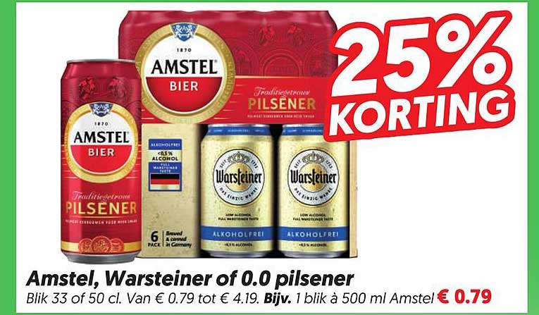 Amstel, Warsteiner of 0.0 pilsener 25% korting