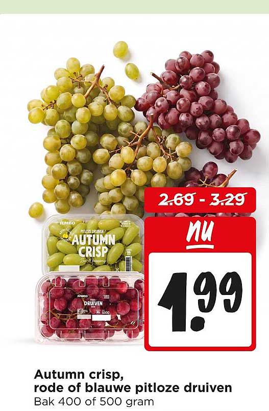 Autumn crisp, rode of blauwe pitloze druiven Bak 400 of 500 gram