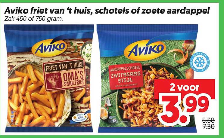 Aviko friet van 't huis, schotels of zoete aardappel Zak 450 of 750 gram 2 voor