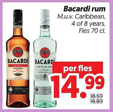 Bacardi rum M.u.v. Caribbean, 4 of 8 years. Fles 70 cl.