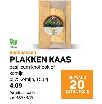 Bastiaansen PLAKKEN KAAS basilicum-knoflook of komijn bijv: Komijn, 150 g