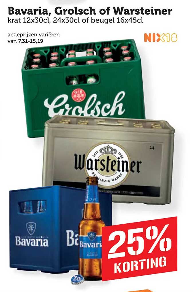 Bavaria, Grolsch of Warsteiner krat 12x30cl, 24x30cl of beugel 16x45cl 25% KORTING