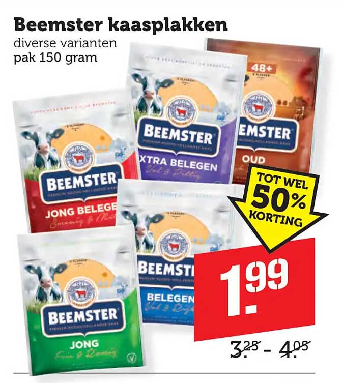 Beemster kaasplakken diverse varianten pak 150 gram TOT WEL 50% KORTING