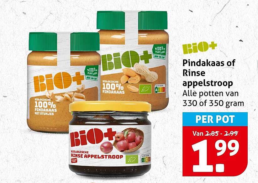 BIO+ Pindakaas of Rinse appelstroop Alle potten van 330 of 350 gram PER POT