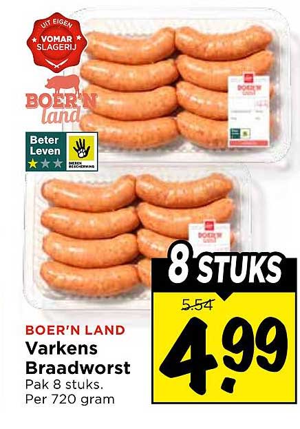BOER'N LAND Varkens Braadworst Pak 8 stuks. Per 720 gram