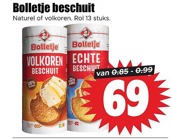 Bolletje beschuit Naturel of volkoren. Rol 13 stuks.