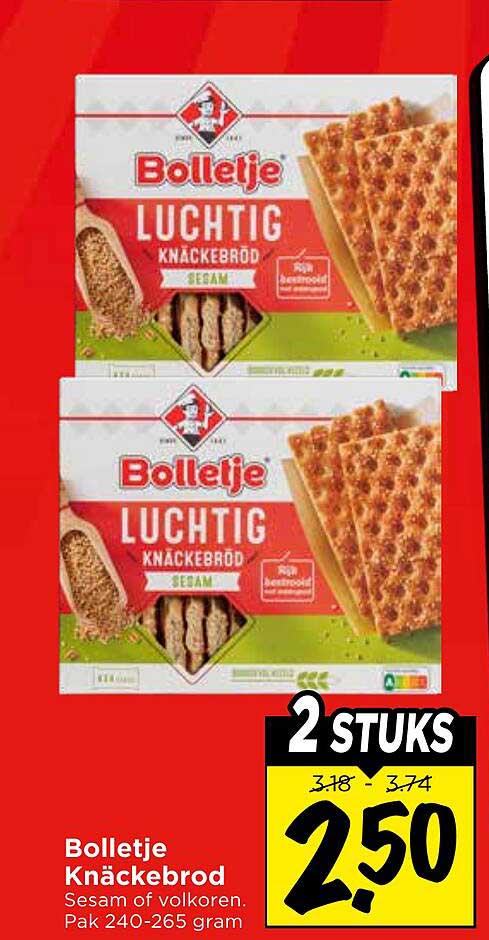 Bolletje Knäckebrod Sesam of volkoren. Pak 240-265 gram 2 STUKS