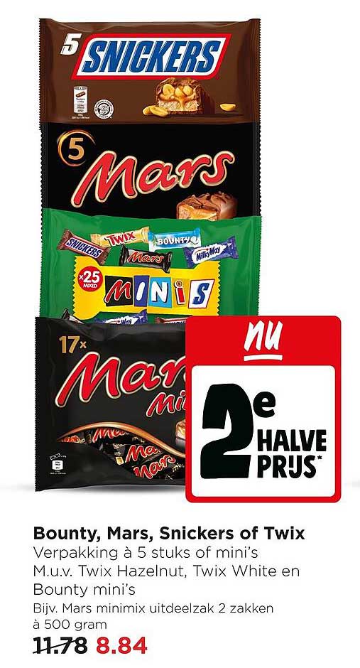 Bounty, Mars, Snickers of Twix 2e halve prijs