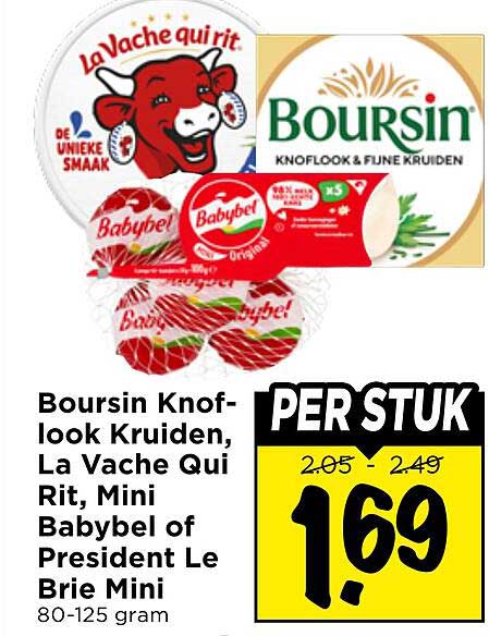 Boursin Knoflook Kruiden, La Vache Qui Rit, Mini Babybel of President Le Brie Mini 80-125 gram PER STUK