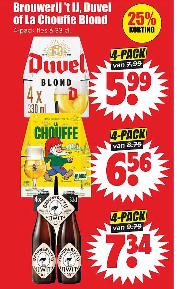 Brouwerij ’t IJ, Duvel of La Chouffe Blond 4-pack fles à 33 cl. 25% KORTING