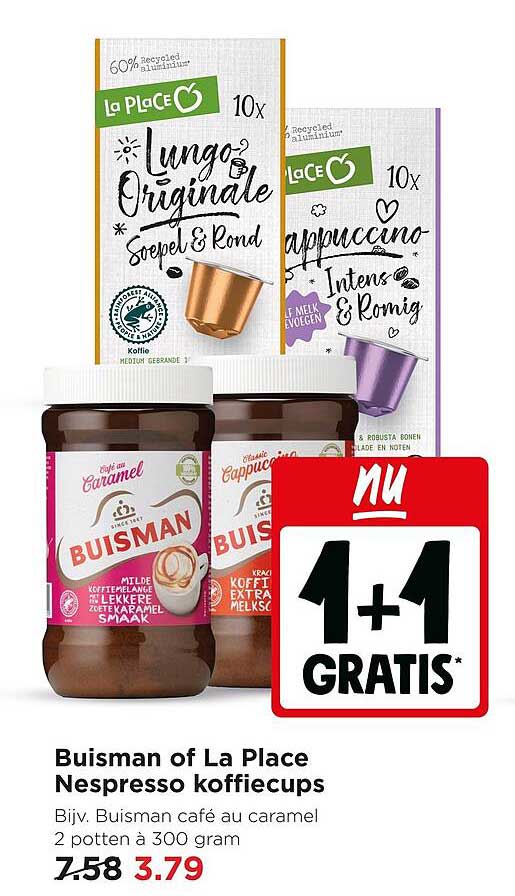 Buisman of La Place Nespresso koffiecups 1+1 gratis