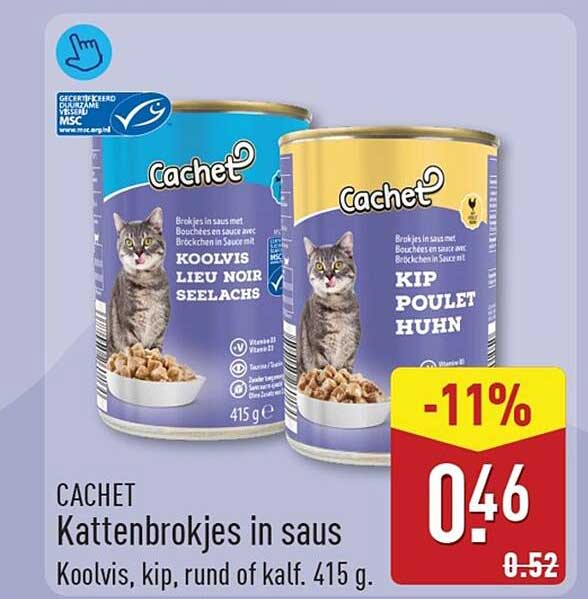 CACHET Kattenbrokjes in saus Koolvis, kip, rund of kalf. 415 g. -11%