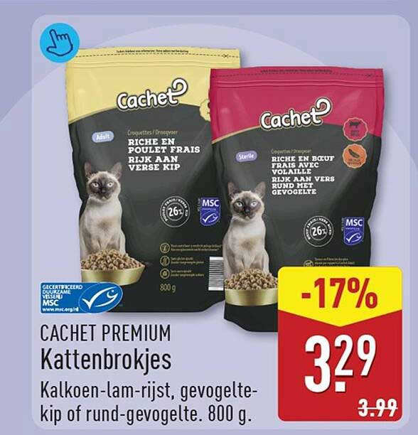 Cachet Premium Kattenbrokjes Kalkoen-lam-rijst, gevogelte-kip of rund-gevogelte. 800 g. -17%